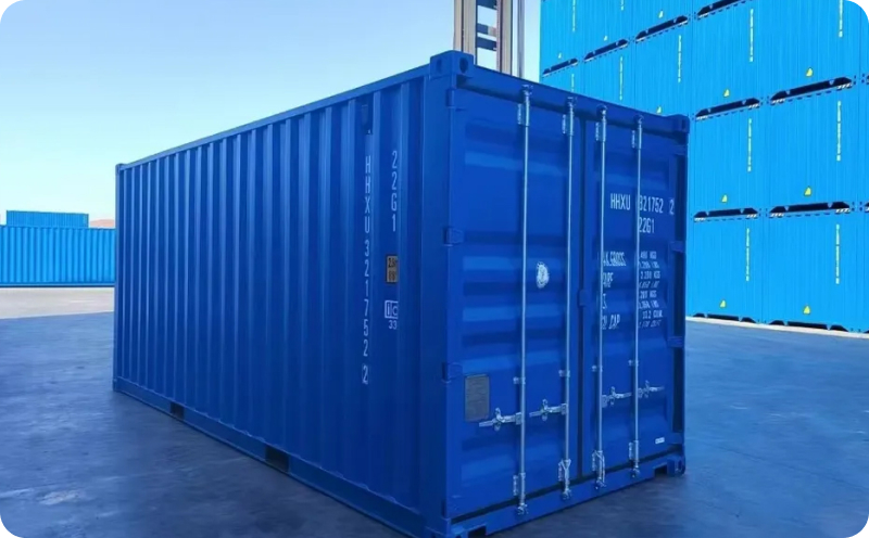 Blue shipper owned container in a container yard
